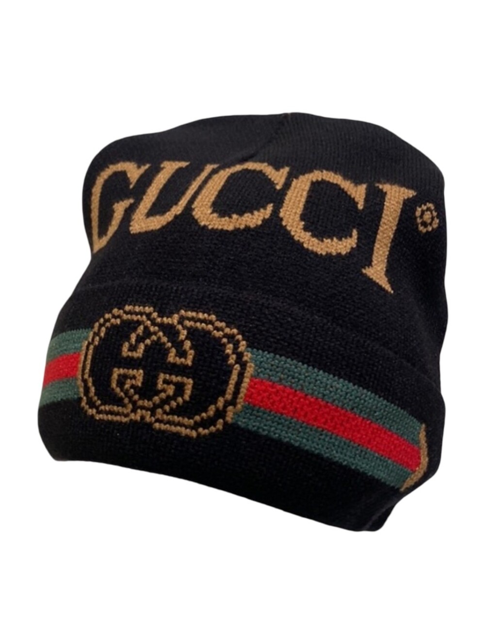 Gucci Black Beanie with Gold Logo and Green-Red Stripe